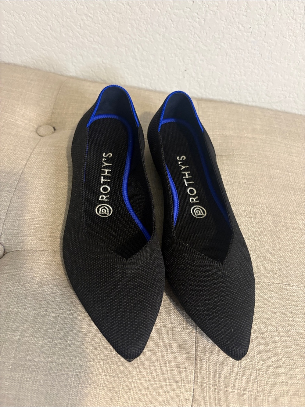 Rothy's Black Pointed Knit Flats with Blue Trim 8